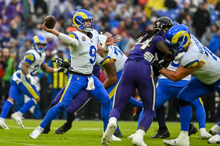 Stafford makes a throw during Sunday's road game against the Baltimore Ravens.